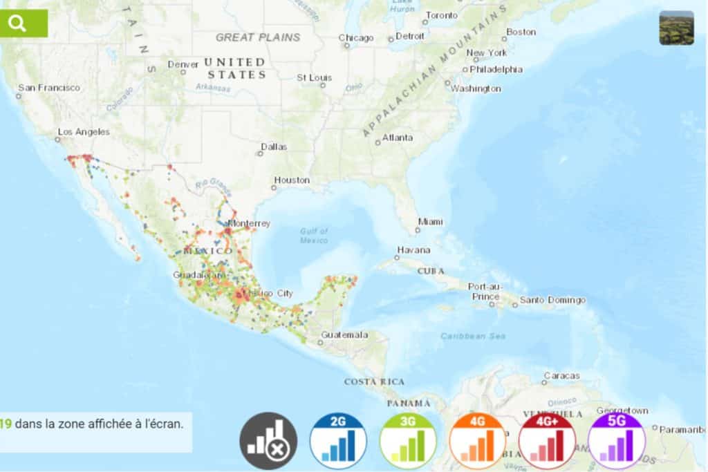 Carte du mexique montrant les fréquences de données avec Movistar, internet mexique