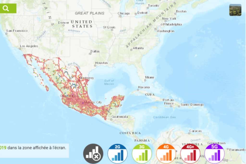 Carte du mexique montrant les fréquences de données avec Telcel, internet mexique