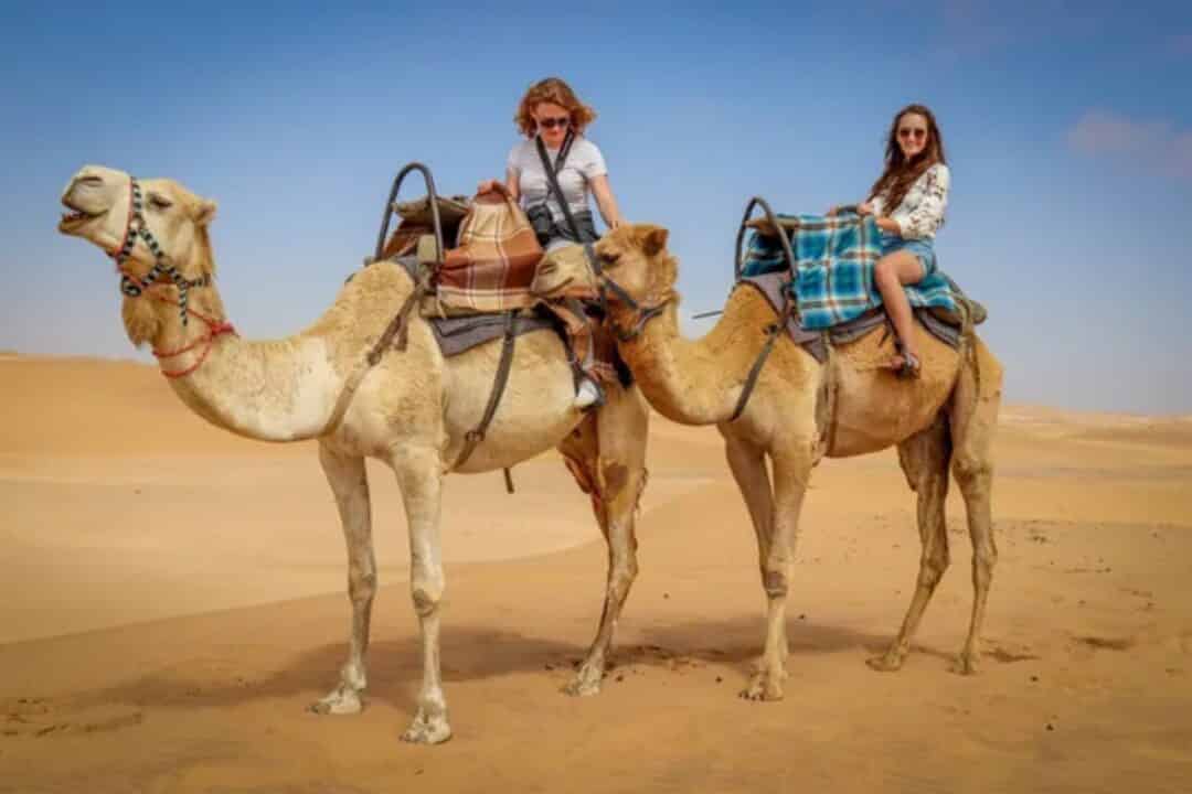 deux jeunes femmes à dos de chameaux dans le désert